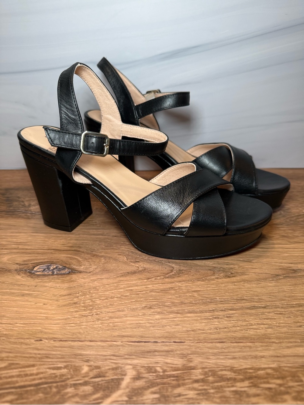 Menina Step Black Leather Platform Slingback Sandals Size EU 39 US 8.5